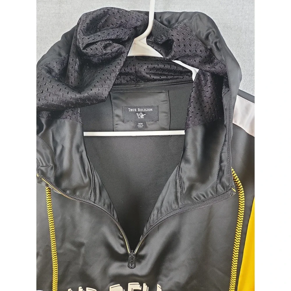 True Religion‎ M Hooded Pullover Jacket Spell Out Logo Gold Black Hip Hop Retro